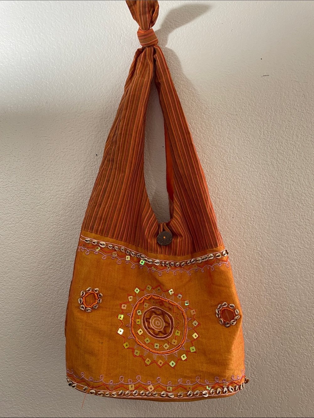 Orange seashell emblished Embroidered Boho Shoulder Bag 100%cotton 14 wide